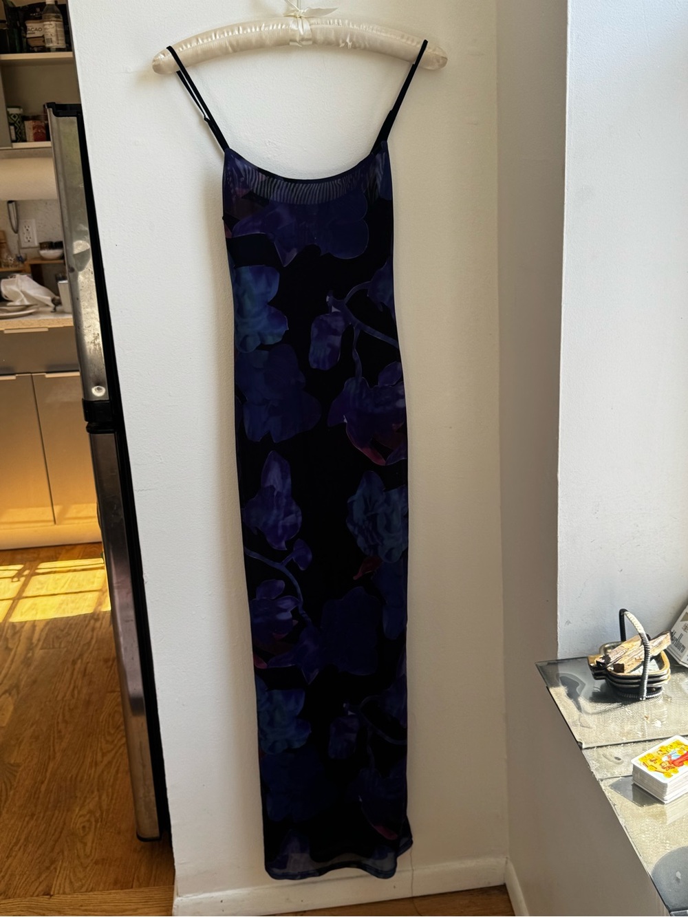 superdown Black Slip Maxi Dress with Dark Blue Floral Print